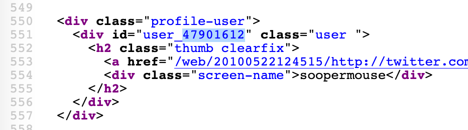 Source code of the web page shows "soopermouse"'s numerical Twitter ID to be 4790612.