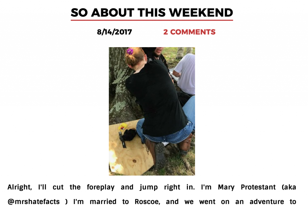 Screenshot from blog post by "Mary Protestant" featuring photo of her from behind.