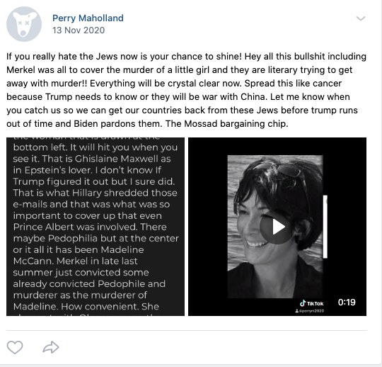 Antisemitic conspiracy theories are an obsessions with Maholland. Pictured above is a post from his profile on VK.com.