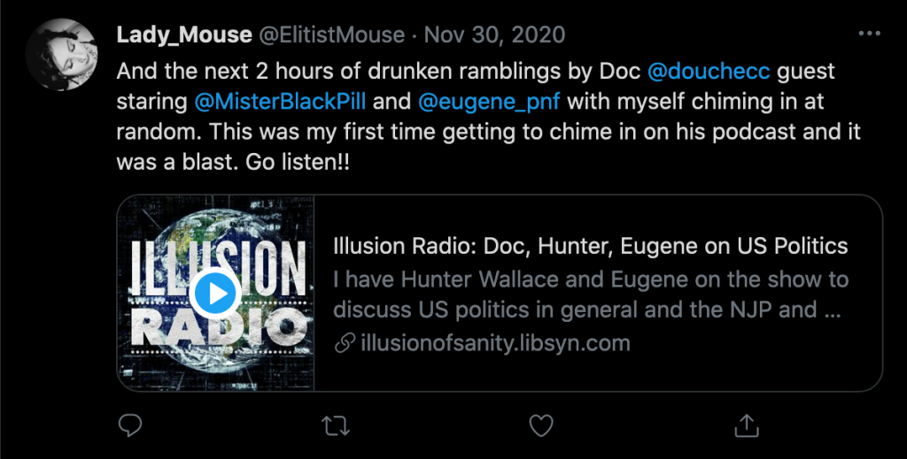 Veronica Langham, aka "Lady Misogyny" and writing as "@ElitistMouse" on Twitter, promoting her husband's podcast.