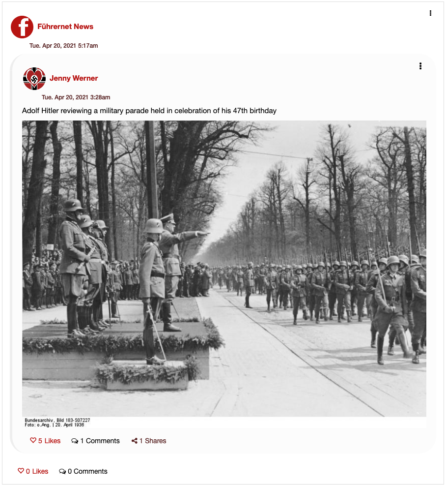 Fuhrernet post featuring a photo of Hitler and Nazi soldiers.