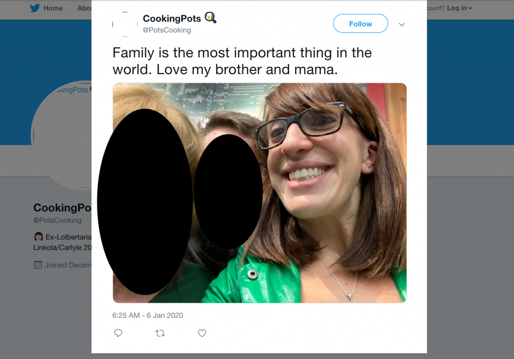 Screenshot of archived Twitter post picturing Rachel Carter (@PotsCooking) and family members.