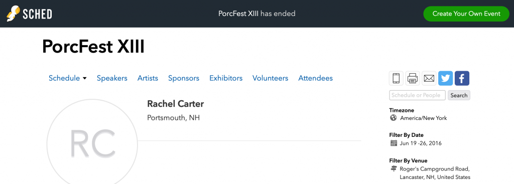 Rachel Carter's page on sched.com indicating her plans to attend Porcfest.