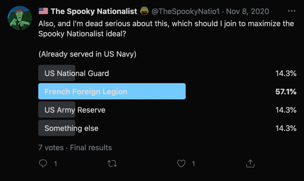 "The Spooky Nationalist" claims he served in the US Navy. So has Benjamin Welton (US Navy Reserves).