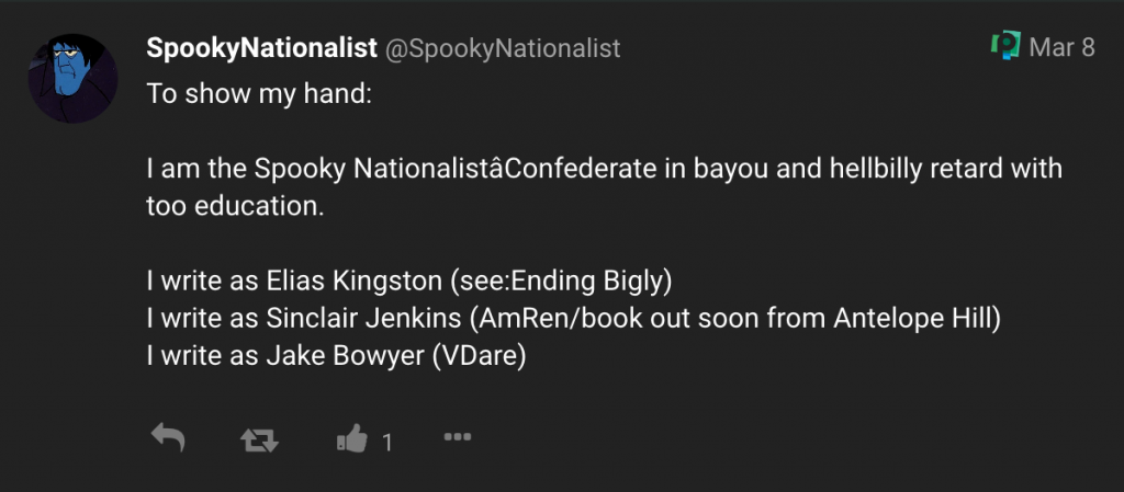 "SpookyNationalist" lists the pen names he uses in a post on poa.st [link]