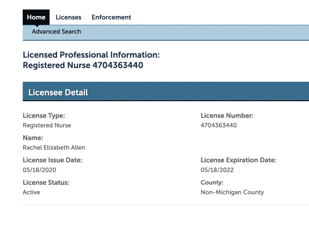 Screenshot from the public Michigan nursing license verification portal.