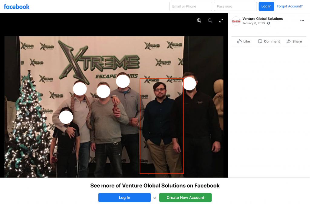Post from Venture Global Solutions' public Facebook page (redacted; Ogden outlined in red box)