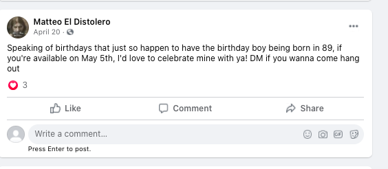 A Facebook post indicating his date of birth. We verified this with public records.
