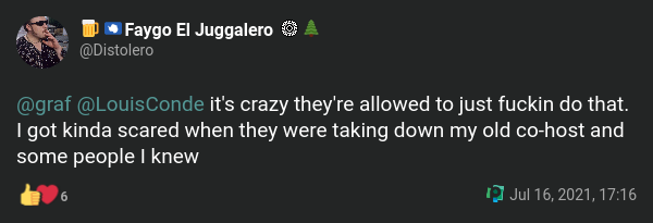 Faygo El Juggalero :sonnenrad:@Distolero @graf @LouisConde it's crazy they're allowed to just fuckin do that. I got kinda scared when they were taking down my old co-host and some people I knew