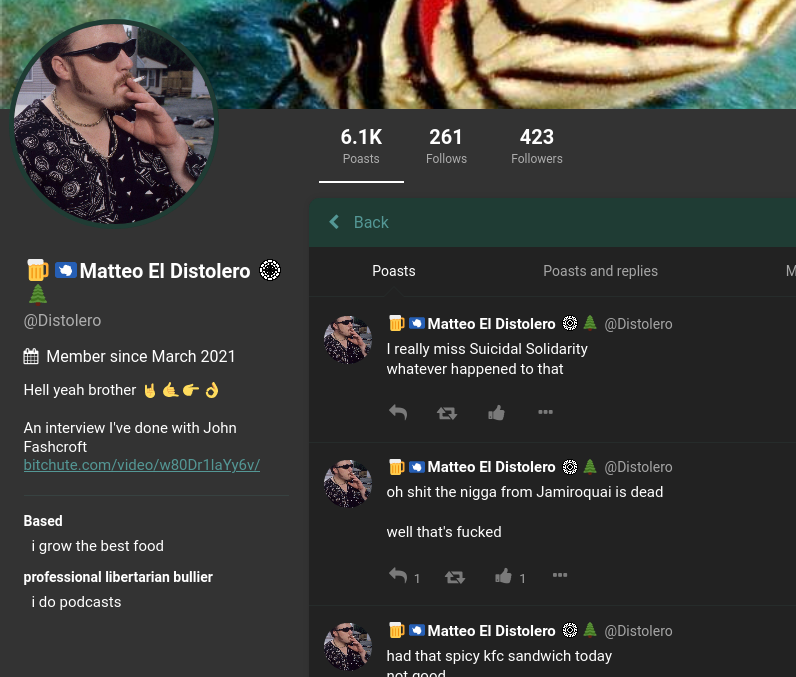 "Distolero" often uses an image of "Ricky" from the TV show Trailer Park Boys for his profile pic.