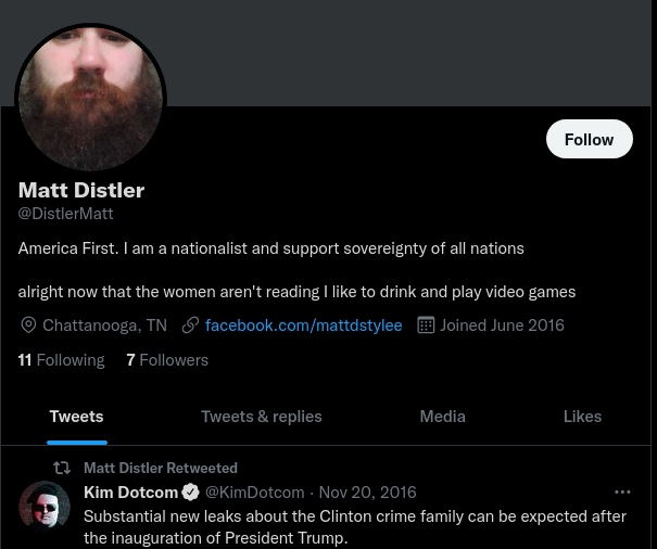 An apparently abandoned Twitter account belonging to Matt Distler.