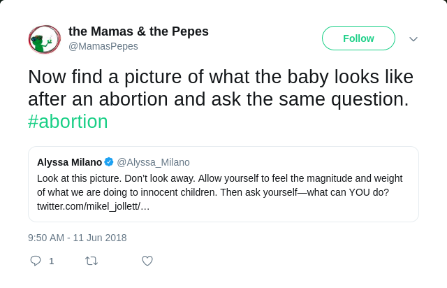 @MamasPepes Tweet: "Now find a picture of what the baby looks like after an abortion and ask the same question. #abortion"