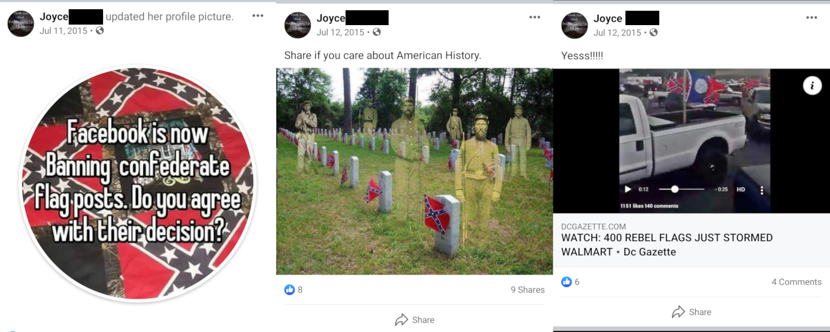 Images posted by Distler's mother on her Facebook page supporting the Confederacy.