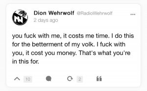 "Dion Wehrwolf" responding to Christopher "Crying Nazi" Cantwell on Gab.com.