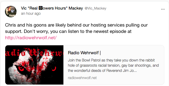 Andrew "Vic Mackey" Casarez promoting Radio Wehrwolf on Gab.com.