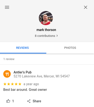 A Google review left by Mark Davis, writing as "mark thorson."
