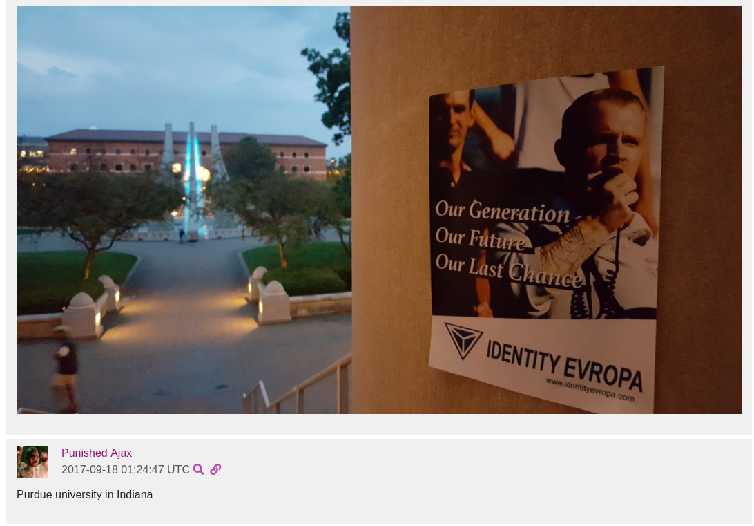 "Ajax" bragged on Discord that he had flyered Purdue University with Identity Evropa propaganda.