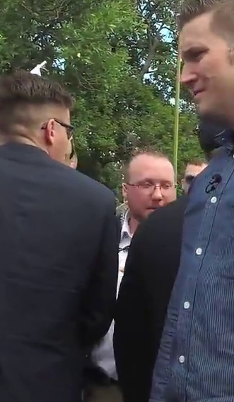 "Jack Pierce" behind Richard Spencer, Charlottesville, 12 Aug 2017.