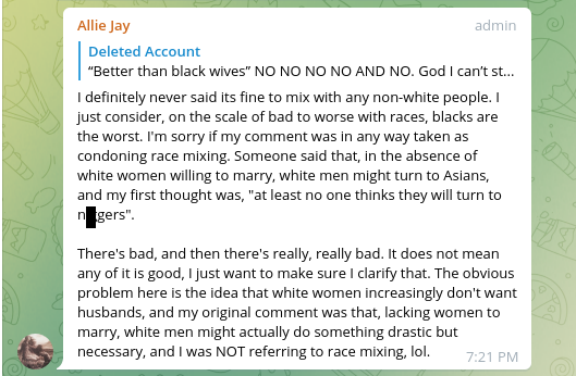 "...blacks are the worst," wrote "Allie Jay" in the Avalon Rising channel discussion (slur redacted).