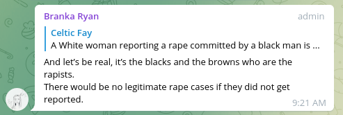 "Branka Ryan": "...it’s the blacks and the browns who are the rapists."