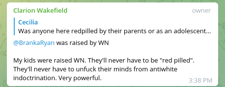 "Clarion Wakefield" explains that her kids were raised white nationalist.