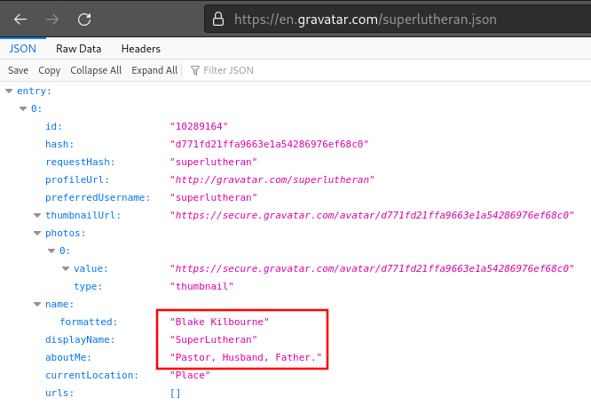 View of "SuperLutheran"s Gravatar in JSON.