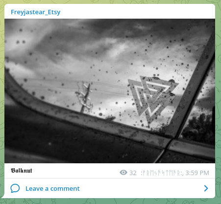 One of the decals sold by Dohrmann advertised on her Telegram channel. While the "valknut" is an ancient Norse symbol, it is often appropriated by white nationalists.