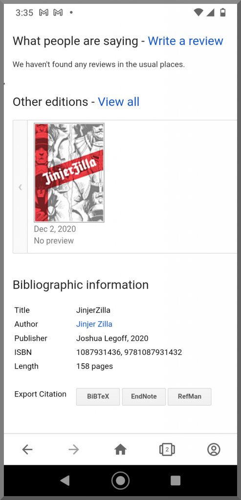 Google's catalogue of the JinjerZilla book with "Joshua Legoff" named as publisher. 