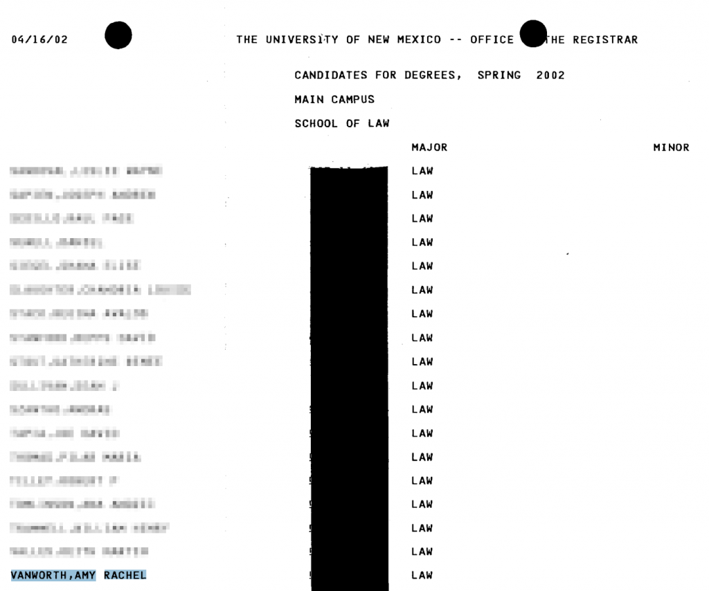 Amy Wainwright (then Vanworth) earned her law degree in 2002 at the University of New Mexico.