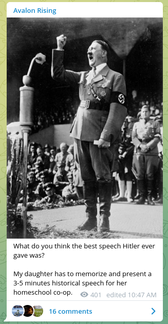 "What do you think the best speech Hitler ever gave was? My daughter has to memorize and present a 3-5 minutes historical speech for her homeschool co-op."