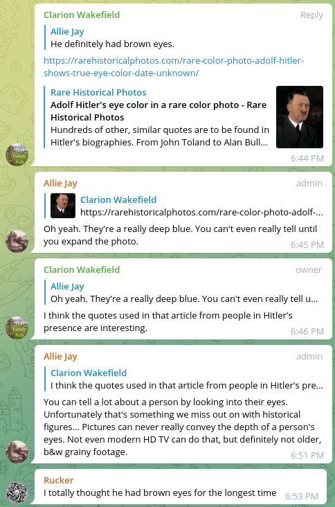 Inane discussion about the color of Hitler's eyes in the Avalon Rising Discussion group.