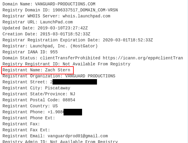 WHOIS records show "Zach Stern" as the registrant of a white nationalist record company's website.