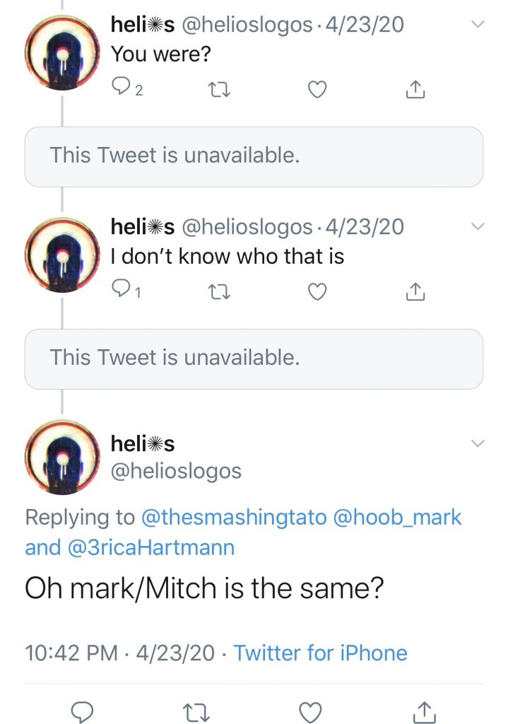 "Mitch Hoob" used a number of Twitter names. Reading between the lines in this exchange shows that "Mitch Hoob" was also "Mark Hoob."