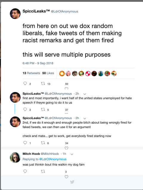"Mitch Hoob" on Twitter replying to "Spicci," another white nationalist troll participating in the "Day of the Brick" harassment campaign against journalists.