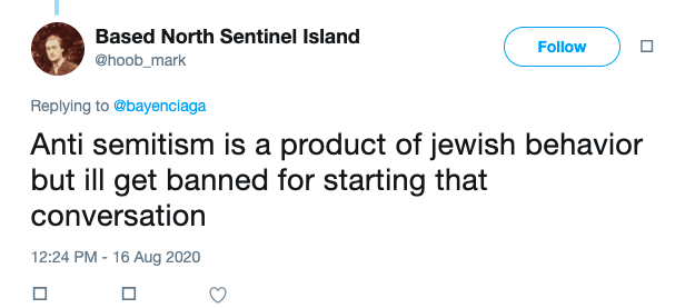 A typical antisemitic post on Twitter by "Mitch Hoob."