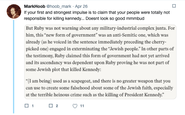 "Mitch Hoob" (writing as @hoob_mark) on Twitter promoting the idea that Jews were behind the assassination of President John F. Kennedy.