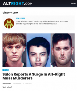 Page for the pseudonymous author "Vincent Law" on "altright.com" as seen from the Wayback Machine.