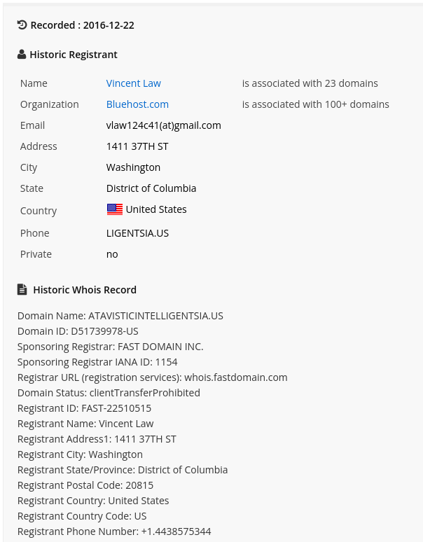 Historical domain name information for "atavisticintelligentsia.us" revealed an interesting registration address and phone number (domainbigdata.com)