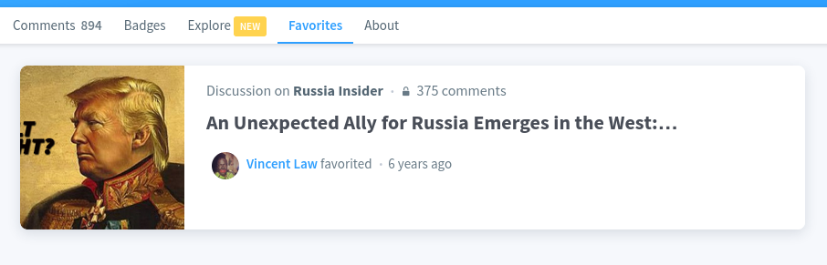 An article on Russia Insider by "Vincent DeLarge" "favorited" by "Vincent Law."
