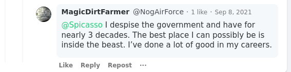 An exchange on Gab between "@Spicasso" and "MagicDirtFarmer @NogAirForce."
