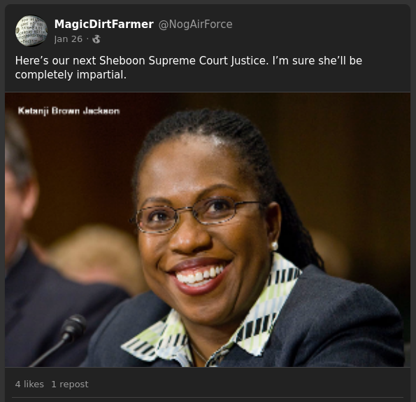 A racist post about supreme court justice nominee Ketanji Brown Jackson by "Magic Dirt Farmer."