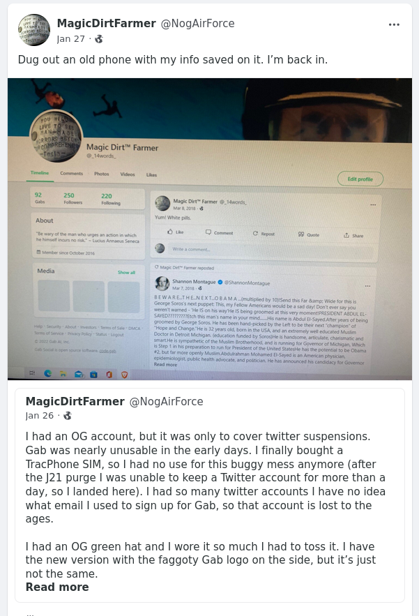 "Magic Dirt Farmer" explained in this post how he had a Gab account from 2017, "@_14words_."