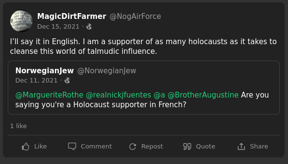 Post on Gab: "I’ll say it in English. I am a supporter of as many holocausts as it takes to cleanse this world of talmudic influence."