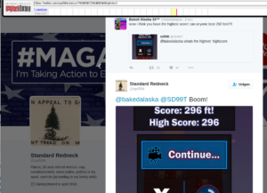 "@spd584" replying to alt-right figure "Basked Alaska" on Twitter as viewed from the Wayback Machine. Note the use of the pine tree flag for the profile image.