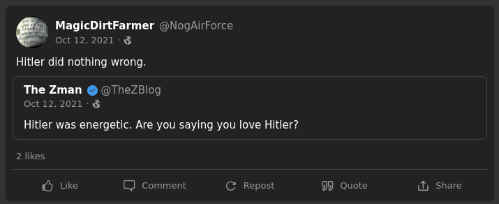 Gab post: "Hitler did nothing wrong."