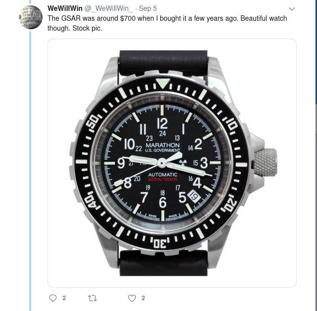 In a Twitter post "Magic Dirt Farmer" (writing as WeWillWin @_WeWillWin_) a wristwatch he owned. 