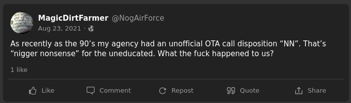 "As recently as the 90’s my agency had an unofficial OTA call disposition “NN”. That’s “nigger nonsense” for the uneducated. What the fuck happened to us?"