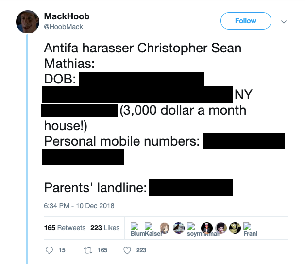 "Mitch Hoob" writing as "MackHoob @HoobMack" distributing person information of HuffPo journalist Christopher Matthia on Twitter (redacted).