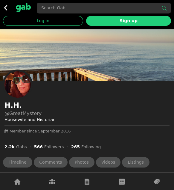 Melissa Ann Brice-Swope's profile on Gab. "Housewife and Historian," but "H.H." also stands for "heil Hitler."
