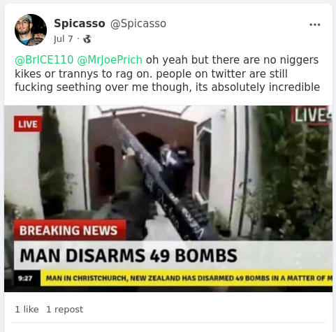 "Spicci" returns to social media on Gab, along with his slurs and a graphic joke about the Christchurch massacre.